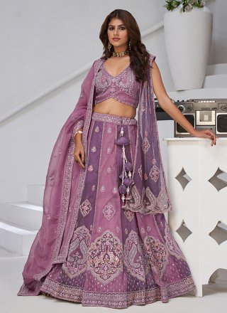 Purple Georgette A - Line Lehenga Choli with Embroidered Work