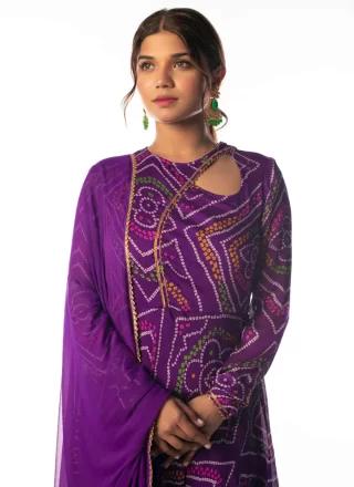 Purple Georgette Bandhej Work Designer Gown