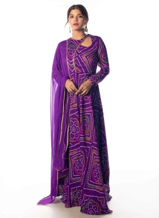 Purple Georgette Bandhej Work Designer Gown