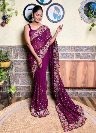 Purple Georgette Classic Saree with Embroidered, Multi, Sequins and Thread Work for Ceremonial