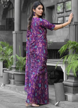 Purple Georgette Classic Sari with Digital Print Work
