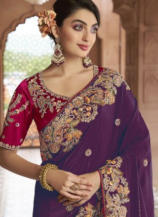 Purple Georgette Cord, Embroidered, Sequins, Stone and Thread Work Trendy Saree