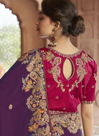 Purple Georgette Cord, Embroidered, Sequins, Stone and Thread Work Trendy Saree