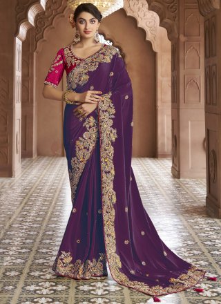 Purple Georgette Cord, Embroidered, Sequins, Stone and Thread Work Trendy Saree