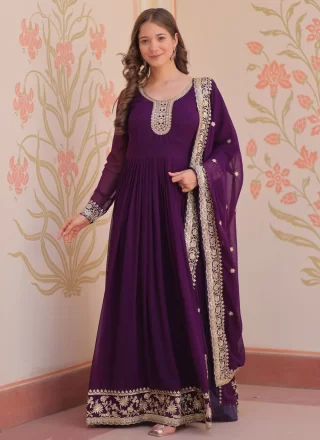 Purple Georgette  Designer Gown with Embroidered and Sequins Work
