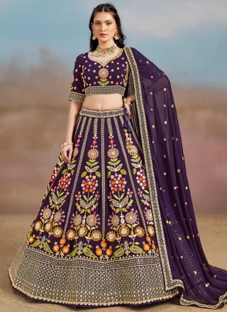 Purple Georgette Dori, Embroidered, Multi, Sequins, Thread and Zari Work Lehenga Choli for Engagement
