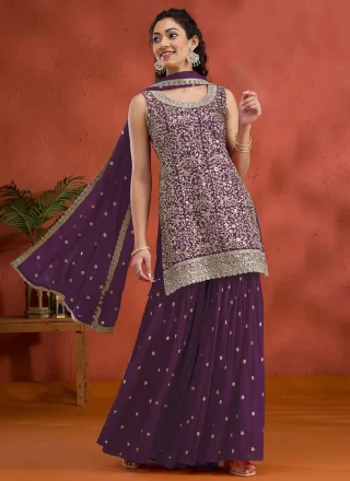 Purple Georgette Embroidered and Sequins Work Palazzo Salwar Suit
