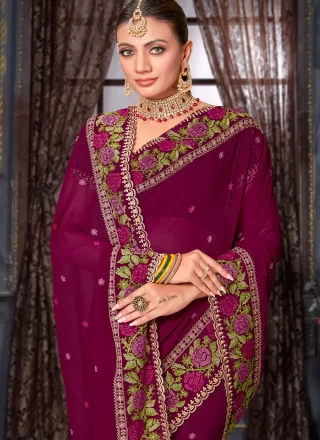 Purple Georgette Embroidered, Multi, Resham and Zari Work Classic Saree