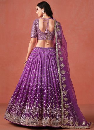 Purple Georgette Embroidered, Sequins and Zari Work A - Line Lehenga Choli for Ceremonial