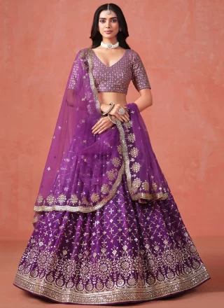 Purple Georgette Embroidered, Sequins and Zari Work A - Line Lehenga Choli for Ceremonial