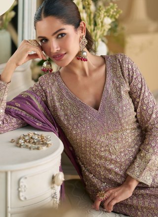 Purple Georgette Embroidered, Stone, Swarovski, Thread and Zari Work Palazzo Salwar Suit for Engagement