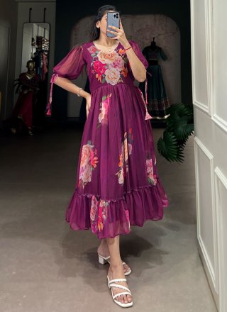 Purple Georgette Floral Patch Work Casual Kurti for Casual
