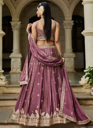 Purple Georgette Lehenga Choli with Embroidered, Sequins and Zari Work for Women