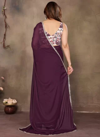 Purple Georgette Patch Border, Lace and Mirror Work Classic Saree for Casual
