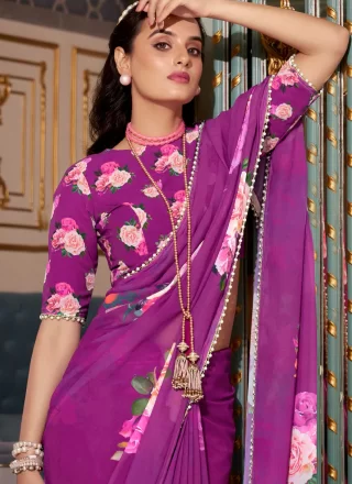 Purple Georgette Patch Border, Lace, Pearls and Print Work Classic Saree