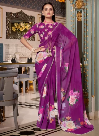 Purple Georgette Patch Border, Lace, Pearls and Print Work Classic Saree