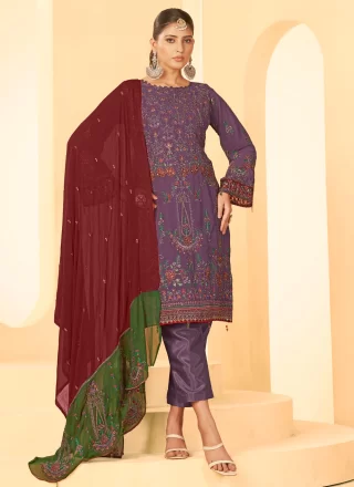 Purple Georgette Salwar Suit with Embroidered, Stone and Zari Work for Ceremonial