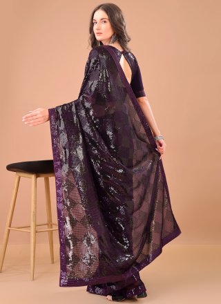Purple Georgette Sequins and Thread Work Classic Sari