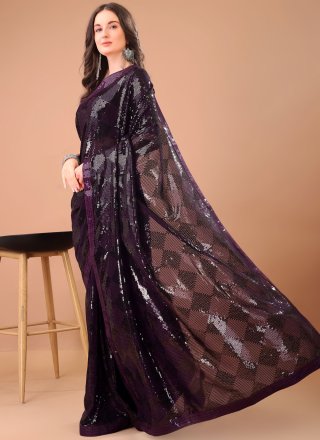 Purple Georgette Sequins and Thread Work Classic Sari