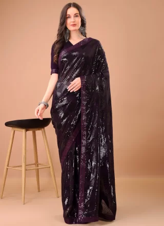 Purple Georgette Sequins and Thread Work Classic Sari
