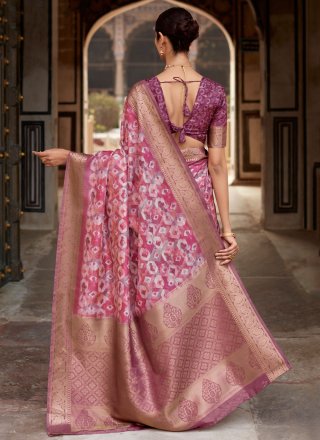 Purple Handloom Silk Classic Sari with Abstract Print, Patch Border and Zari Work for Women