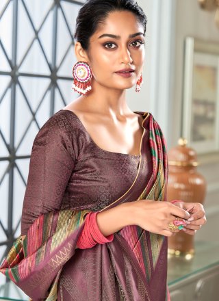 Purple Handloom Silk Designer Saree with Print and Weaving Work