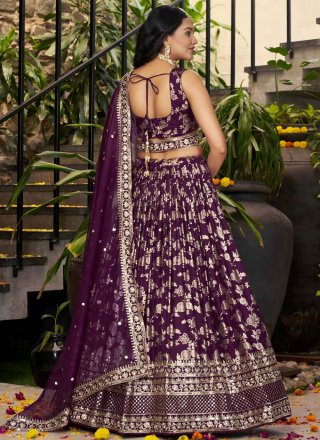 Purple Jacquard A - Line Lehenga Choli with Embroidered, Jacquard, Sequins and Zari Work