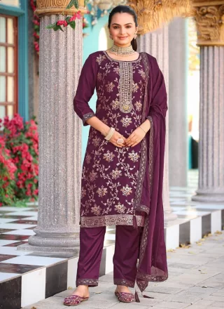 Purple Jacquard Pant Style Suit with Embroidered Work