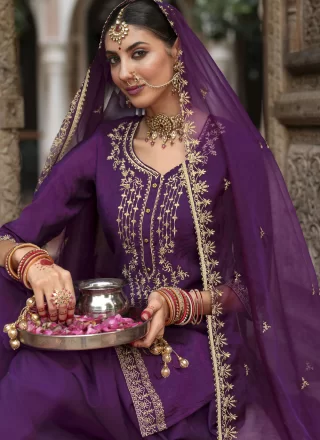 Purple Jacquard Salwar Suit with Embroidered and Resham Work