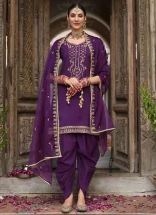 Purple Jacquard Salwar Suit with Embroidered and Resham Work