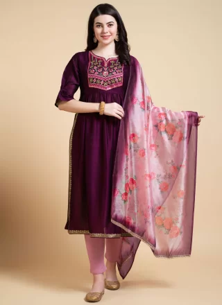 Purple Lycra Embroidered Work Readymade Style for Ceremonial