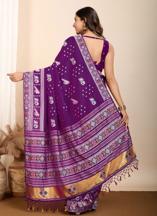 Purple Meenakari and Woven Work Silk Classic Sari