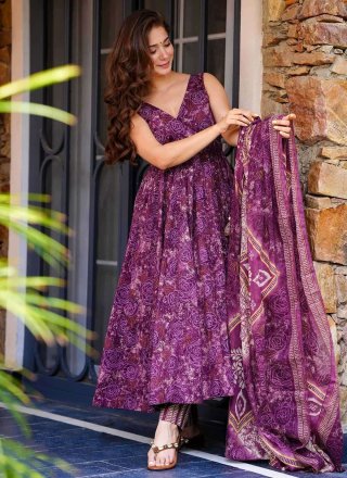 Purple Muslin Readymade Salwar Suit with Digital Print Work for Ceremonial