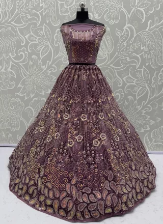 Purple Net A - Line Lehenga Choli with Diamond, Embroidered, Multi, Sequins, Thread and Zircon Work