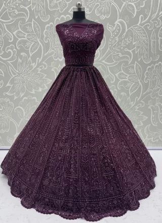 Purple Net A - Line Lehenga Choli with Embroidered, Moti, Sequins and Thread Work for Engagement