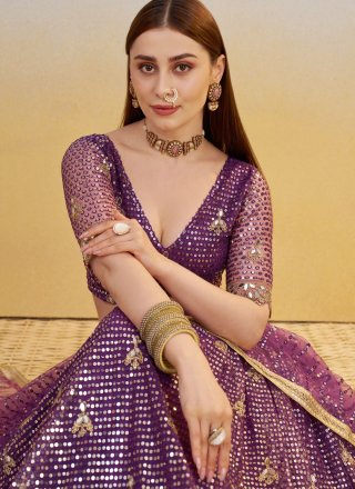 Purple Net Embroidered, Sequins and Zari Work Lehenga Choli