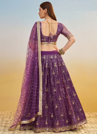 Purple Net Embroidered, Sequins and Zari Work Lehenga Choli