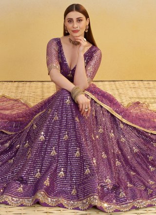 Purple Net Embroidered, Sequins and Zari Work Lehenga Choli