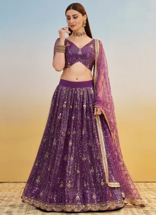 Purple Net Embroidered, Sequins and Zari Work Lehenga Choli