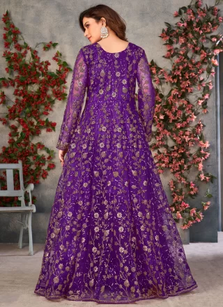 Purple Net Floor Length Salwar Suit with Embroidered, Sequins, Thread and Zari Work for Mehndi