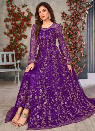 Purple Net Floor Length Salwar Suit with Embroidered, Sequins, Thread and Zari Work for Mehndi