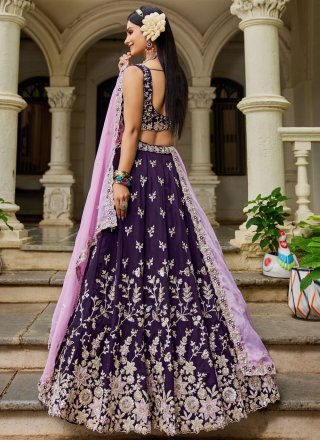 Purple Organza A - Line Lehenga Choli with Embroidered, Sequins and Zari Work