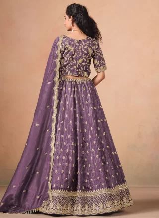 Purple Organza A - Line Lehenga Choli with Embroidered, Sequins and Zari Work