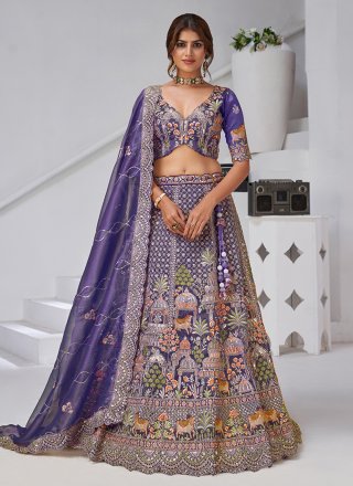 Purple Organza A - Line Lehenga Choli with Embroidered Work