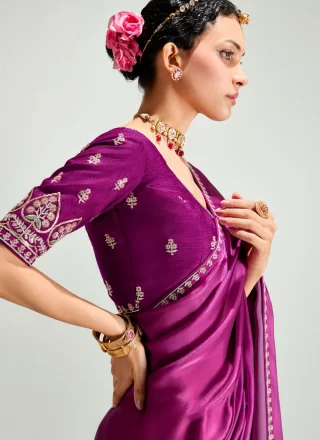 Purple Organza Patch Border, Embroidered and Zari Work Classic Sari