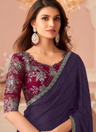 Purple Patch Border and Embroidered Work Satin Classic Saree