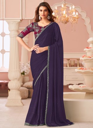 Purple Patch Border and Embroidered Work Satin Classic Saree