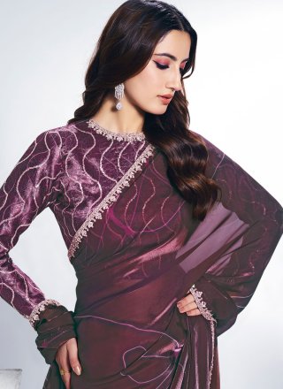 Purple Patch Border, Embroidered and Zari Work Satin Silk Traditional Saree