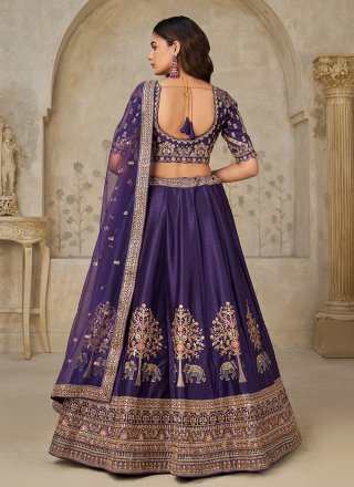 Purple Patch Border, Embroidered and Zari Work Silk A - Line Lehenga Choli