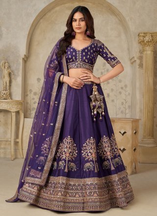Purple Patch Border, Embroidered and Zari Work Silk A - Line Lehenga Choli